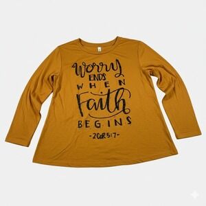 Love Nation Womens Mustard Yellow Faith Begins Long Sleeve Graphic Shirt Size M